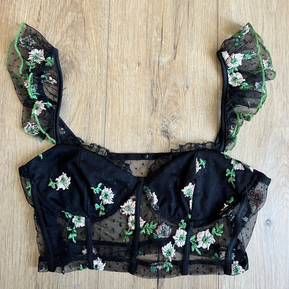SHEIN Black Sheer Floral Embroidered Bustier Camisole